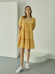 Tiered Linen Mini Dress with Puff Sleeves and Square Neckline for Effortless Summer Style