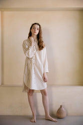 Relaxed Fit Women's Linen Shirt Dress with Button-Down Front and Adjustable Waist Tie