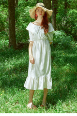Midi Puff-Sleeve Linen Dress With Wide Sailor Collar And Shirred Waist