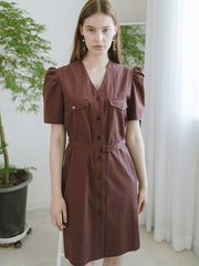 Tailored Linen Button-Down Dress With Puff Sleeves And Belted Waist For Elegant Summer Style
