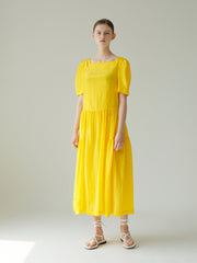 Linen Puff Sleeve Midi Dress With Square Neckline And Gathered Skirt
