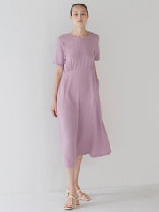 Elegant Short-Sleeve Linen Midi Dress with Flattering Waist Detail and Lightweight Comfort