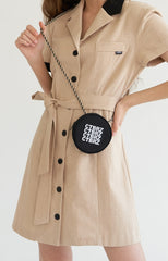 Short Sleeve Linen Shirt Dress with Tie Waist and Contrast Trim Collar and Cuffs