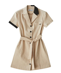 Short Sleeve Linen Shirt Dress with Tie Waist and Contrast Trim Collar and Cuffs