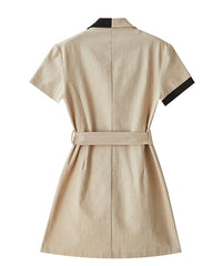 Short Sleeve Linen Shirt Dress with Tie Waist and Contrast Trim Collar and Cuffs