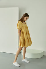 Tiered Linen Mini Dress with Puff Sleeves and Square Neckline for Effortless Summer Style