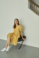 Tiered Linen Mini Dress with Puff Sleeves and Square Neckline for Effortless Summer Style