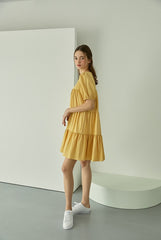 Tiered Linen Mini Dress with Puff Sleeves and Square Neckline for Effortless Summer Style