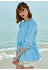 Relaxed Fit Linen Blouse With Peplum Hem And Three-Quarter Sleeves
