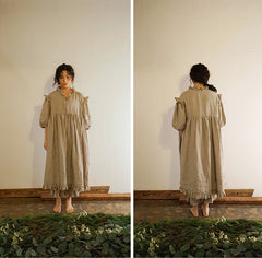 Vestido largo Madeline de lino y algodón con mangas abullonadas y volantes