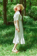 Midi Puff-Sleeve Linen Dress With Wide Sailor Collar And Shirred Waist