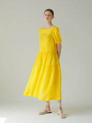 Linen Puff Sleeve Midi Dress With Square Neckline And Gathered Skirt