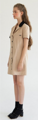 Short Sleeve Linen Shirt Dress with Tie Waist and Contrast Trim Collar and Cuffs