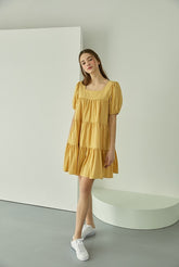Tiered Linen Mini Dress with Puff Sleeves and Square Neckline for Effortless Summer Style