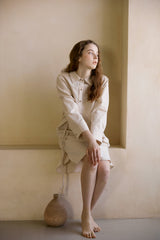 Relaxed Fit Women's Linen Shirt Dress with Button-Down Front and Adjustable Waist Tie