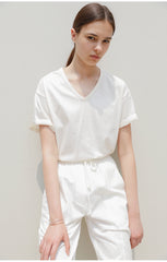 Women's Relaxed Fit V-Neck Cotton Poplin Top with Short Sleeves and Rolled Cuffs