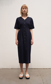 Women's Linen Midi Dress – Short Sleeve Button Front V-Neck Dress with Waist Tie