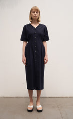 Women's Linen Midi Dress – Short Sleeve Button Front V-Neck Dress with Waist Tie