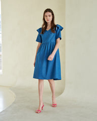 Flared Linen Midi Dress with Ruffle Collar and Short Sleeves for Elegant Summer Outfits