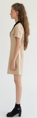 Short Sleeve Linen Shirt Dress with Tie Waist and Contrast Trim Collar and Cuffs