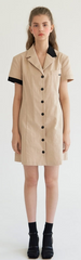 Short Sleeve Linen Shirt Dress with Tie Waist and Contrast Trim Collar and Cuffs
