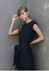 Linen Midi Dress with Waist Tie and Cap Sleeves – Minimalist Silhouette for Effortless Style