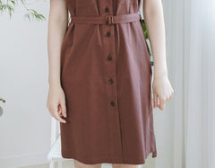 Tailored Linen Button-Down Dress With Puff Sleeves And Belted Waist For Elegant Summer Style
