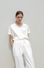 Women's Relaxed Fit V-Neck Cotton Poplin Top with Short Sleeves and Rolled Cuffs