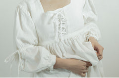 Lorena Linen Cotton Square Neck Lace Up Maxi Dress