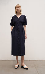 Women's Linen Midi Dress – Short Sleeve Button Front V-Neck Dress with Waist Tie
