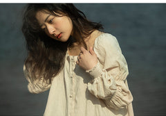 Laura Linen Cotton Square Neck Marie Sleeve Maxi Shirt Dress