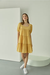 Tiered Linen Mini Dress with Puff Sleeves and Square Neckline for Effortless Summer Style
