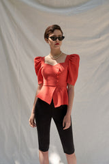 Linen Puff Sleeve Blouse with Sweetheart Neckline and Peplum Hem