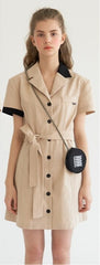 Short Sleeve Linen Shirt Dress with Tie Waist and Contrast Trim Collar and Cuffs