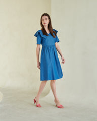 Flared Linen Midi Dress with Ruffle Collar and Short Sleeves for Elegant Summer Outfits