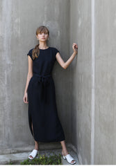 Linen Midi Dress with Waist Tie and Cap Sleeves – Minimalist Silhouette for Effortless Style