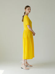 Linen Puff Sleeve Midi Dress With Square Neckline And Gathered Skirt