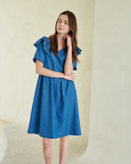Flared Linen Midi Dress with Ruffle Collar and Short Sleeves for Elegant Summer Outfits