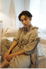 Vestido largo Madeline de lino y algodón con mangas abullonadas y volantes