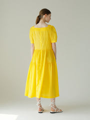 Linen Puff Sleeve Midi Dress With Square Neckline And Gathered Skirt