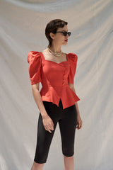 Linen Puff Sleeve Blouse with Sweetheart Neckline and Peplum Hem