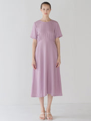 Elegant Short-Sleeve Linen Midi Dress with Flattering Waist Detail and Lightweight Comfort