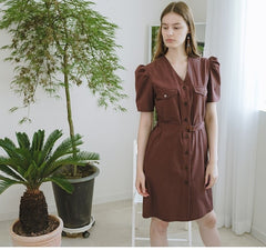 Tailored Linen Button-Down Dress With Puff Sleeves And Belted Waist For Elegant Summer Style