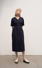 Women's Linen Midi Dress – Short Sleeve Button Front V-Neck Dress with Waist Tie