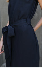 Linen Midi Dress with Waist Tie and Cap Sleeves – Minimalist Silhouette for Effortless Style
