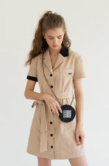 Short Sleeve Linen Shirt Dress with Tie Waist and Contrast Trim Collar and Cuffs