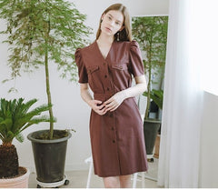 Tailored Linen Button-Down Dress With Puff Sleeves And Belted Waist For Elegant Summer Style