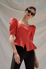 Linen Puff Sleeve Blouse with Sweetheart Neckline and Peplum Hem