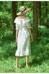 Midi Puff-Sleeve Linen Dress With Wide Sailor Collar And Shirred Waist