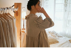 Vestido largo Madeline de lino y algodón con mangas abullonadas y volantes